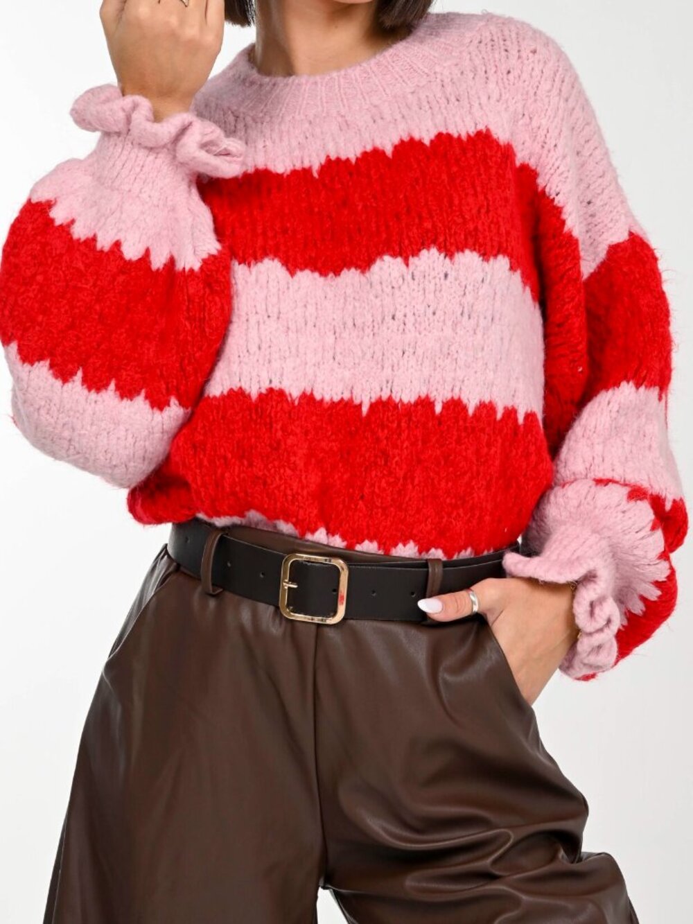 Scrunchie Sleeve Pink Block Pullover Sweater